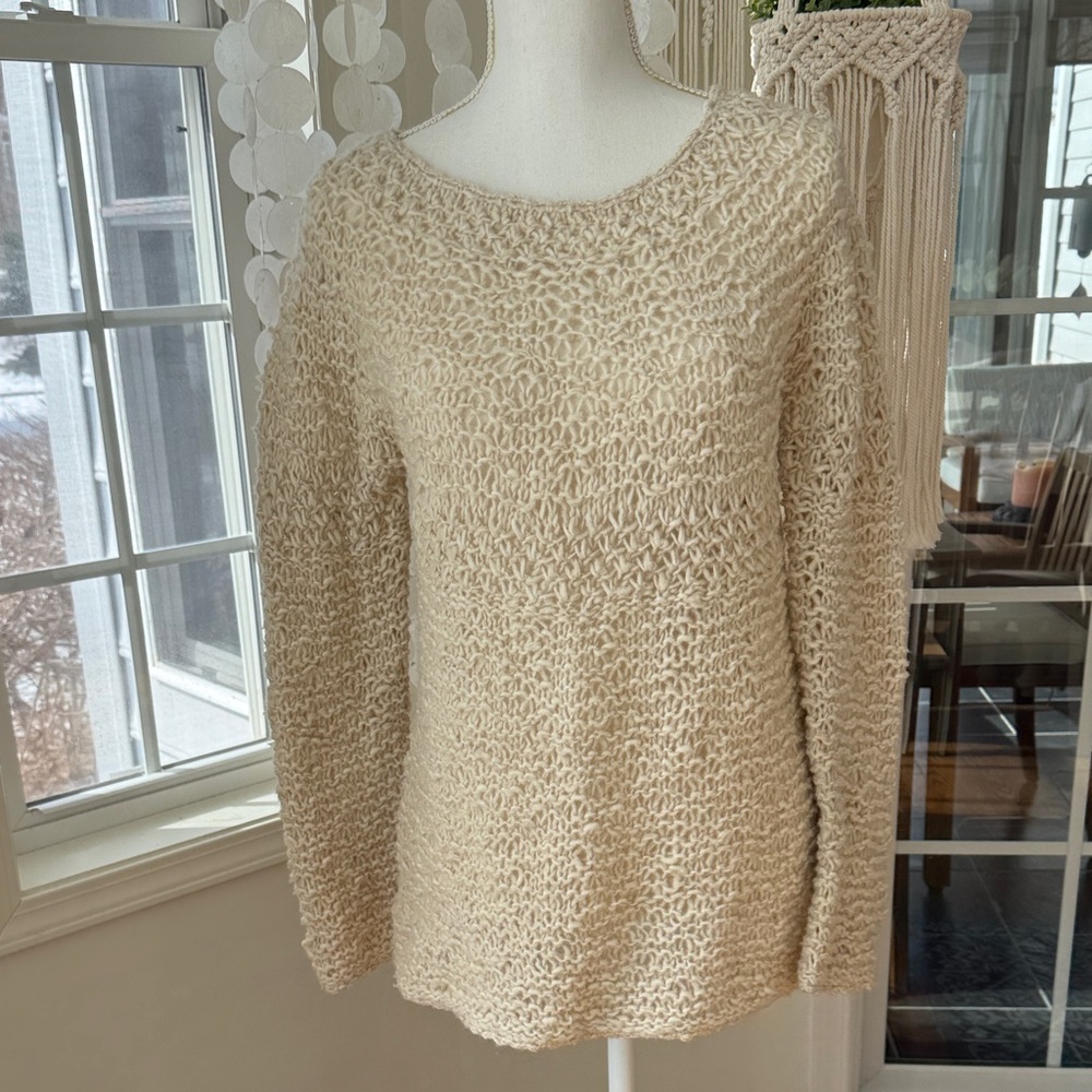 Wool Cream Hand Knit open weave Sweater size medium